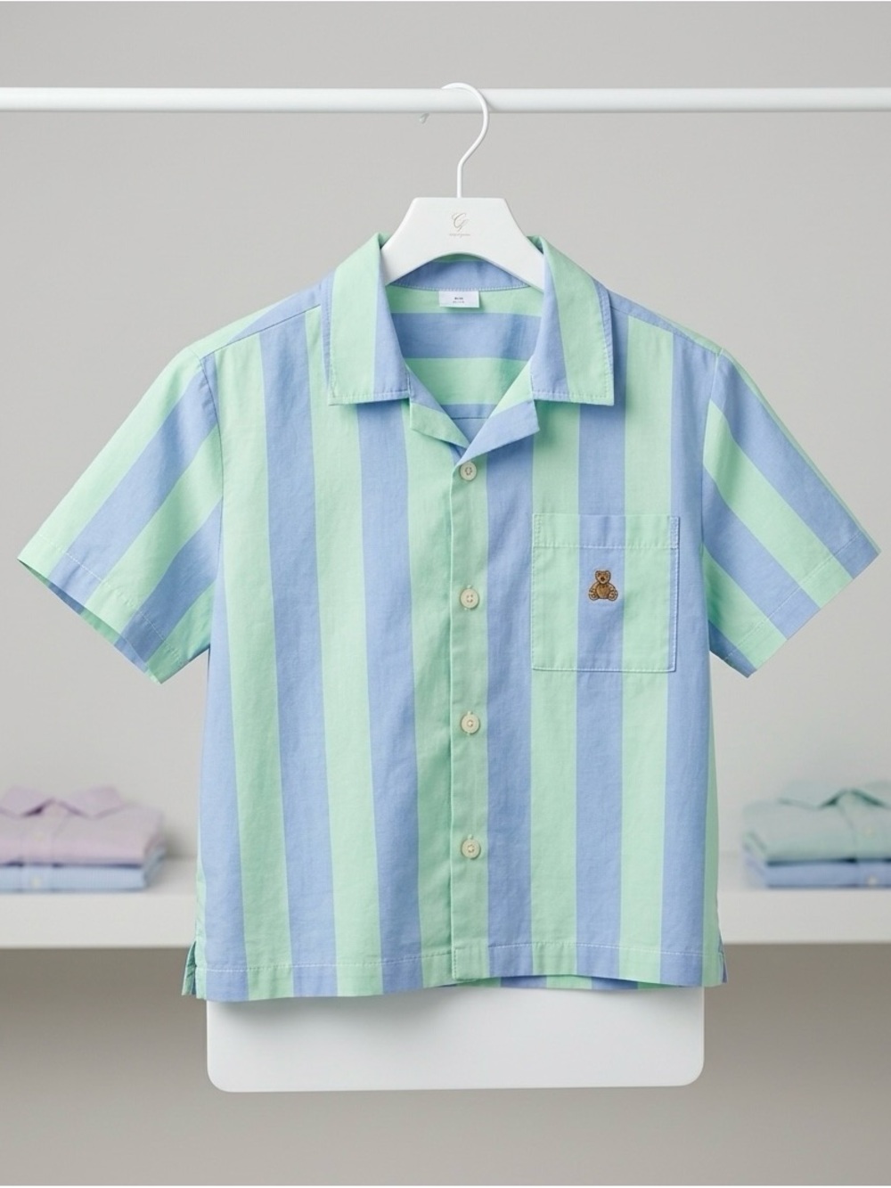 GAP Short-Sleeve Button-Down Cabana Shirt in Green & Sky Blue Vertical Stripes